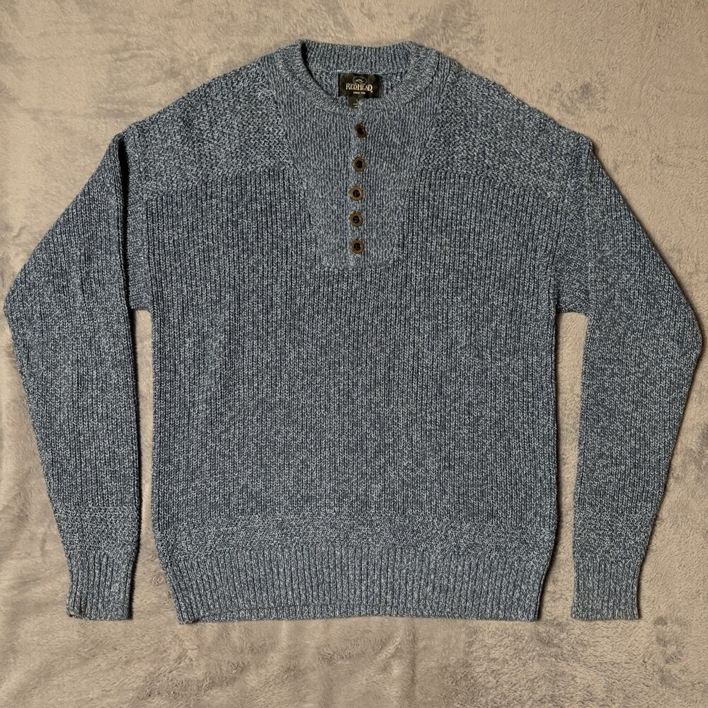Redhead Men’s Cotton Henley Sweater Size L Blue Knit Fisherman Camping Cabin